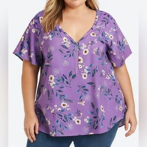 Bloomchic NEW top blouse 1/4 zip floral print purple Plus Size 18/20 flowy boxy